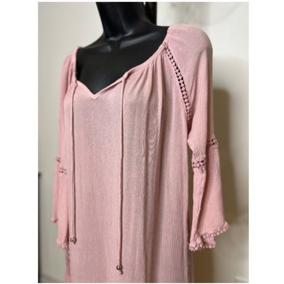 Indian Tropical Fashion Womens Tie-Neck Midi Dress Lace Trim Size S Pink - Picture 2 of 4